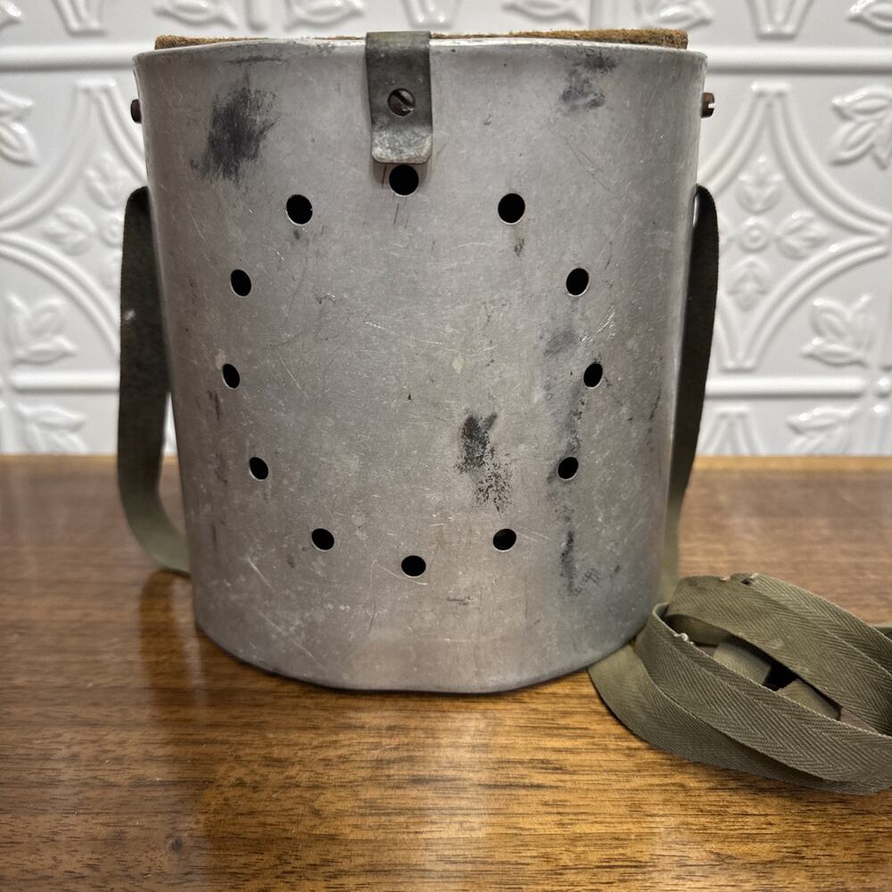 Vintage "The Angler" Worm & MInnow Galvanized OvalBait Bucket With Strap
